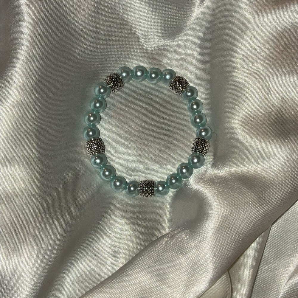 Hand Crafted Aqua Pearl Bracelet with Silver Accents